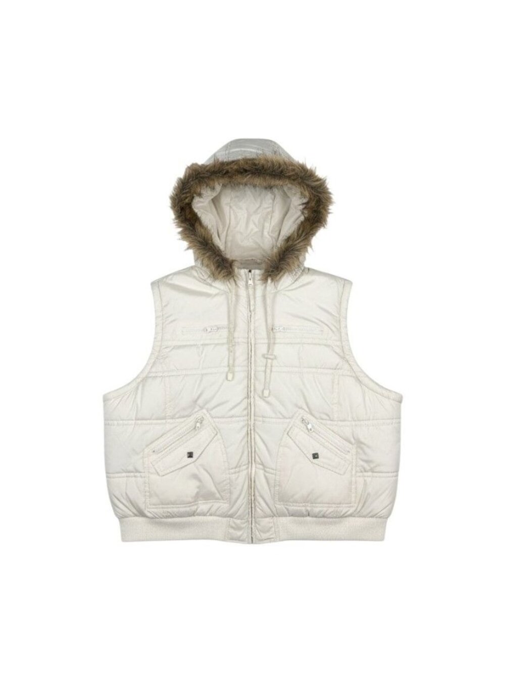 Ashley Stewart Womens Plus Size 2X Ivory Quilted Puffer Vest Faux Fur Hood Zip